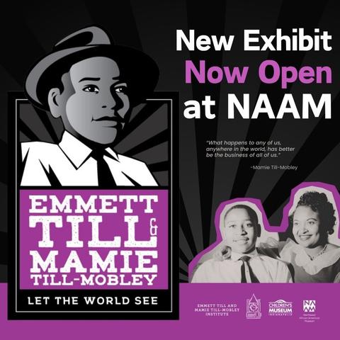 Emmett Till and Mamie Till-Mobley exhibit flyer with white text on lavender background with one illustration of Emmett Till in top left corner and another of them both on bottom right corner