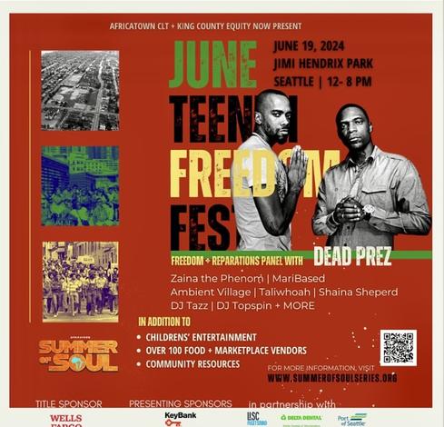 Juneteenth Freedom Fest event flyer with green, black yellow text on red background with vertical row of 3 pictures of scene on left side and 2 photos of Dead Prez on top right