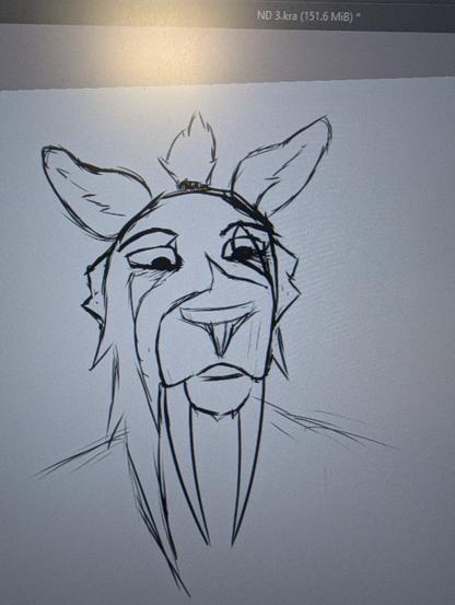 Neck up image of a sabertooth girl with a suspicious facial expression