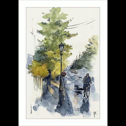 watercolor and ink painting of the little street