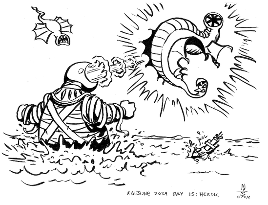 Ink drawing of Atlantean Turtle Mummy rising from the sea and blasting one of two Stygian Space Worms, while a battleship is jostled in the waves