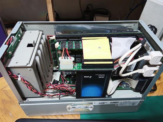 Inside of my retro HTPC showing SBC, GUS, SSD, etc