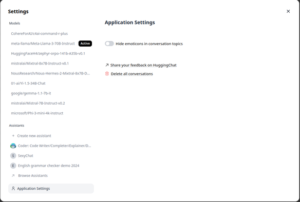 Revised Hugging Face application settings that has the option to share conversation data with model authors removed.