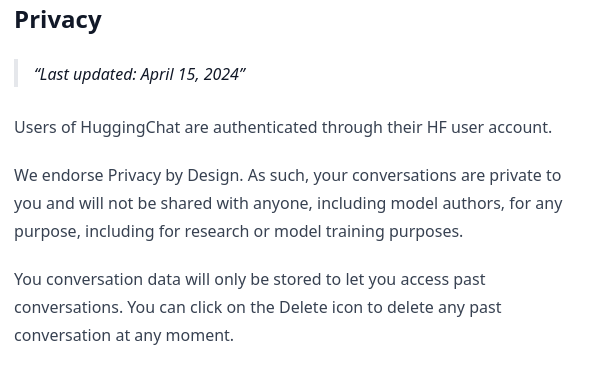 HuggingChat privacy policy clearly stating conversations will not be shared with anyone, including model authors, for any purpose including research or model training purposes.