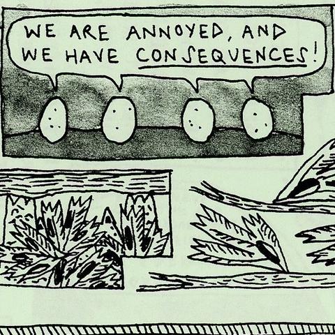 The four eggs are angry because they have been given a curfew. They are shouting, “We are annoyed, and we have consequences!”