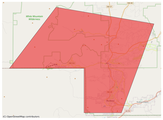 Polygon covering South Fork Fire showing where baseball sized hail is possibly falling