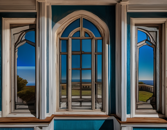 Three rustic windows with arched frames, reflecting a vivid blue sky, wide lawn, and ocean view. AI impressionism style.