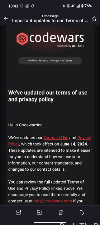 email from Codewars with an update to their privacy policy a week after it took effect.