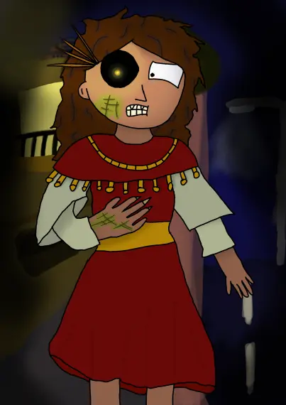 I guess an image of a girl in a pseudo byzantine dress, but like one eye is glowing in yellow and have a bit of canine and a bit of scale-ish thing on her hand and cheek.