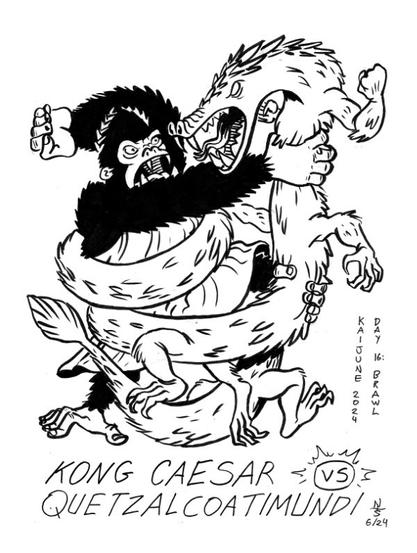 Cartoony drawing of a giant ape in a toga wrestling with a giant coatimundi with a long, feathery serpentine body, entitled “Kong Caesar vs Quetzalcoatimundi”