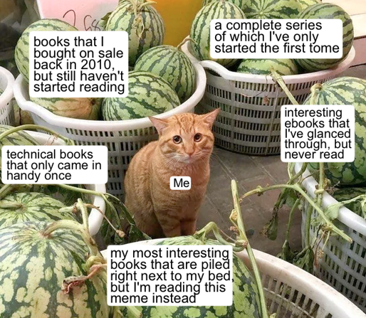cat surrounded by baskets of watermelons labelled

books that I bought on sale back in 2010, but still haven't started reading

technical books that only came in handy once

a complete series of which I've only started the first tome

interesting ebooks that I've glanced through, but never read

my most interesting books that are piled right next to my bed, but I'm reading this meme instead