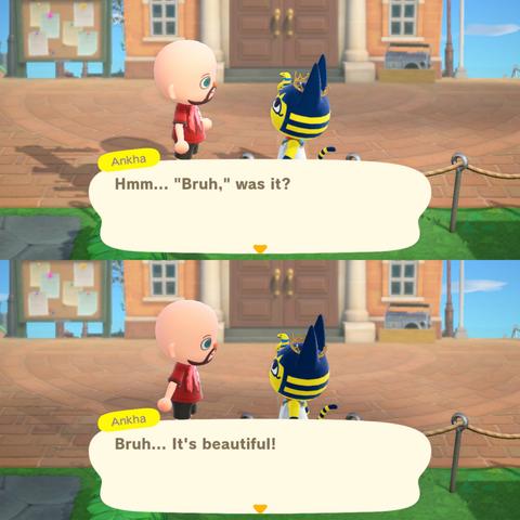 Collage of two Animal Crossing: New Horizons screenshots stacked vertically. Both show a bald, light skinned human villager with a beard and red t-shirt that has Knuckles' face partially visible talking to Ankha (yellow cat with blue ears with a head / snake headdress designed to look like an Egyptian Pharaoh). Ankha is wearing a golden crown. They are standing in the town square near Resident Services. In the upper panel, Ankha says, "Hmm...'Bruh,' was it?" In the lower panel, Ankha says, "Bruh...It's beautiful!"