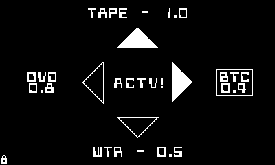 a monochrome screen, displaying four arrows, each of which pointing in the four cardinal directions. Starting from the top and traveling counter-clockwise, there is text that says "TAPE", "BTC", "WTR", and "OVD".
this is the new CS-16 FX screen!