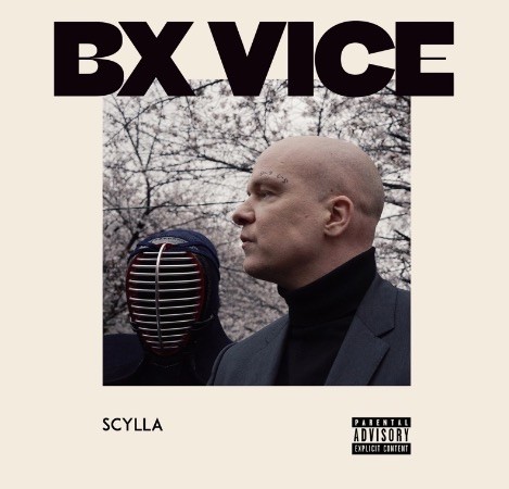 Image of an album cover titled "BX Vice" by Scylla. Features a bald man in a suit and a person in a kendo mask against a backdrop of blooming cherry blossoms. Includes a Parental Advisory label.