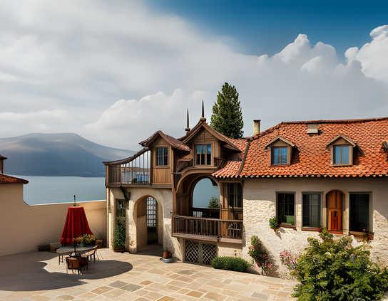 A picturesque house with a through archway, red terracotta roof tiles and stone balconies, overlooking a mountain lake under a partly cloudy sky.  An outdoor seating area features a patio table with a large, folded red umbrella.