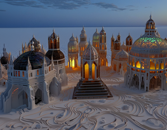 A surreal beach landscape with intricate, fantasy-style electronic sand castles, with illuminated interiors, on a sand-like surface with evening lighting.