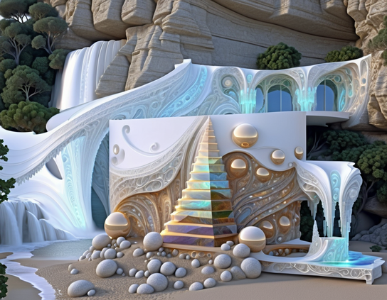 A white and gold structure on the hard packed sand of a lake or river shore, with glowing aqua accents and intricate abstract gold decorations centered by a stylized stepped pyramid. Wishing spheres are piled up in front, some activated, some available.