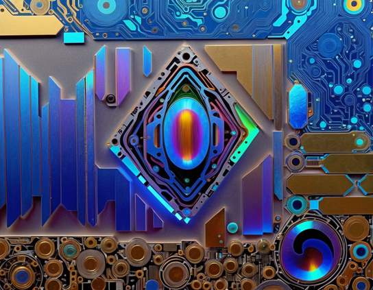 A meditation-themed circuit board with a calming blue background with gold components and traces, a central oval focus element in aqua, magenta, and gold, surrounded by a an intricate diamond shaped support, with a spiraling on off button at lower right.