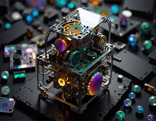 A miniature electronic project created by learning nanobots, with a two level cube on cube design of futuristic glowing and iridescent components on a blurred black background scattered with unused parts. Macro photography style.