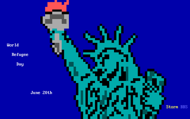 A giant green copper statue of a woman wearing a crown and holding a torch aloft is seen from below jutting out into the blue sky.