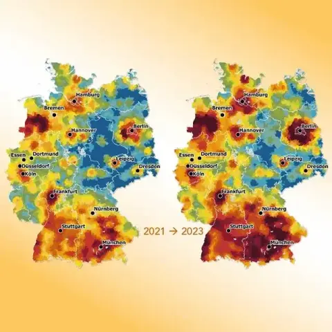 so genannte "Wohnwetterkarte" des Baufonds für Immobilienentwicklung (bpd).

Es wird in gesamten Gebiet der ehem. BRD & im Großraum Berlin immer "heißer" (also die Situation verschlechtert sich).