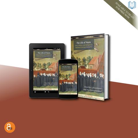 Cover of 'The Life of Nuns' on a 3D image of a tablet, a phone, and a book.