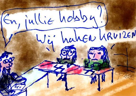 Ingekleurde rollerballtekening. Een figuur links zittend aan tafel, papiertje voor zich. Loodrecht daarop twee figuren zittend aan tafel met kruizen voor zich.
Figuur links vraagt: En, jullie hobby?
De twee figuren antwoorden: Wij haken kruizen.