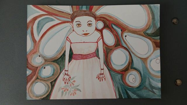 Pen and watercolour drawing. A pale person in a pink dress. She's holding flowers in one hand, and both her hands are warped and stitched. She's surrounded by pale blobby shapes that seem to emerge from her head.