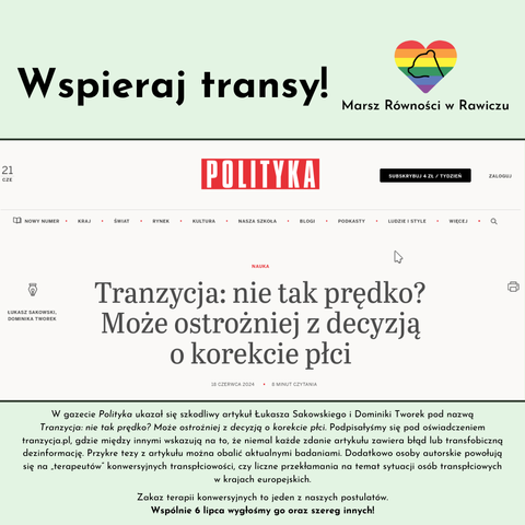 Slajd zawiera tytuł "Wspieraj transy!" oraz logo kolektywu, u góry. 
Na środku jest zrzut ekranu z strony gazety Polityka, przedstawiający artykuł "Tranzycja: nie tak prędko?". Poniżej jest treść wpisu.