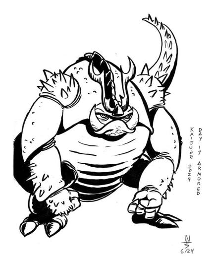 Cartoony drawing of a beetle-like monster in a gorilla-like stance