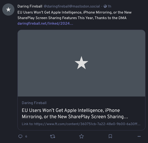 Post from Daring Fireball: "EU Users Won't Get Apple Intelligence, iPhone Mirroring, or the New SharePlay Screen Sharing Features This Year, Thanks to the DMA"