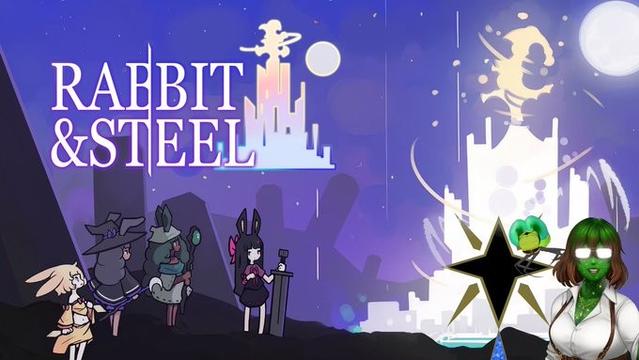 Key art from Rabbit and Steel, with me (green dragonfly), Lexi (green slime-girl) and Mourning Star (magic dark star) in the foreground.