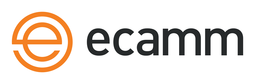 Ecamm Network logo. Orange logomark with lowercase e surrounded by an orange circle border. To the right is the Ecamm name in black lowercase letters