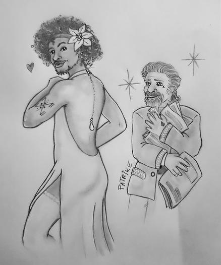 Roach, wearing a low-back dress with a slit on the leg, wears a ribbon with a flower in his hair and a pearl necklace that falls down his back. Izzy is next to him, nervous, dressed in a suit and with many papers and sheet music in his hands, about to fall over from excitement