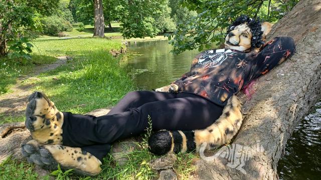 Shetani the king cheetah in fursuit, lounging against the trunk of a tree that leans out over a still lake. The grass around her is lush and shady branches dapple the sunlight on her clothes.