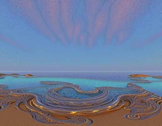 A fantasy shoreline with vibrant jewel-like colors of aqua and bronze, intricate patterns, calm water, a sandy beach with glowing rock formations, and a blue and violet sky.