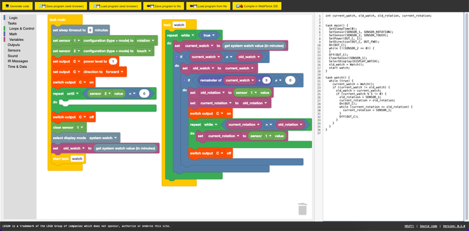 Block based program which I adapted to my needs. The generated NQC code reads:

```
int current_watch, old_watch, old_rotation, current_rotation;


task main() {
  SetSleepTime(0);
  SetSensor(SENSOR_1, SENSOR_ROTATION);
  SetSensor(SENSOR_2, SENSOR_TOUCH);
  SetPower(OUT_C, 1);
  SetDirection(OUT_C, OUT_FWD);
  On(OUT_C);
  while (!(SENSOR_2 == 0)) {
  }
  Off(OUT_C);
  ClearSensor(SENSOR_1);
  SelectDisplay(DISPLAY_WATCH);
  old_watch = Watch();
  start watch;
}

task watch() {
  while (true) {
    current_watch = Watch();
    if (current_watch != old_watch) {
      old_watch = current_watch;
      PlaySound(SOUND_CLICK);
      if (current_watch % 5 != 0) {
        old_rotation = SENSOR_1;
        current_rotation = old_rotation;
        On(OUT_C);
        while (current_rotation == old_rotation) {
          current_rotation = SENSOR_1;
        }
        Off(OUT_C);
      }
    }
  }
}
```