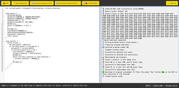 The generated NQC code compiles to 245 bytes of LEGO RCX bytecode. The image shows the NQC code and logs for compilation inside the IDE and bytecode transfer to the RCX.