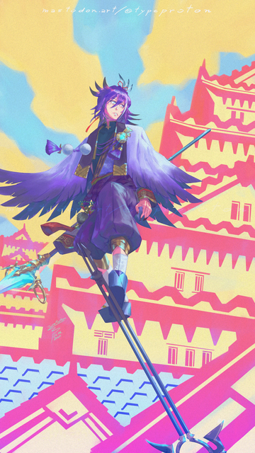 Digital fanart painting of Holostars' crow V-tuber Banzoin Hakka tiptoeing on his spear to survey an area.