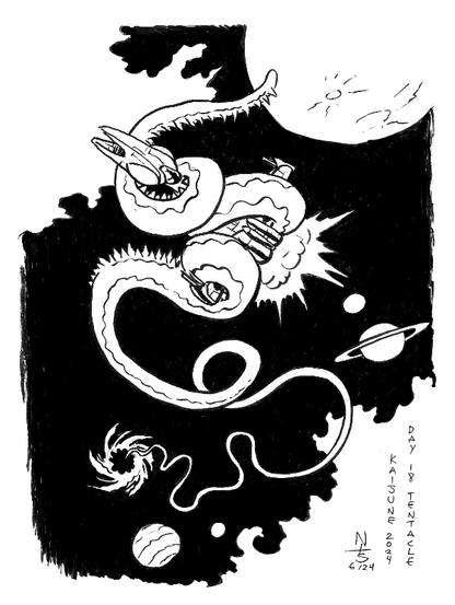 ink drawing of a very long tentacle emerging from a black hole and grabbing a spaceship