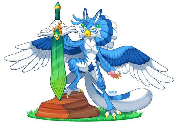 An illustration of a blue female gryphon standing heroically with one foot on top of a rock, with her wings spread out. She has one hand on the hilt of an oversized sword with a blade made of emerald, and is looking upwards with a determined, serious expression.