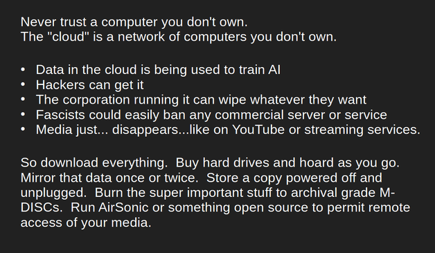 Never trust a computer you don't own. The "cloud" is a network of computers you don't own: 

+ Data in the cloud is being used to train Al 

+ Hackers can get it 

* The corporation running it can wipe whatever they want 

* Fascists could easily ban any commercial server or service * Media just... disappears...like on YouTube or streaming services. 

So download everything. Buy hard drives and hoard as you go.. Mirror that data once or twice. Store a copy powered off and unplugged. Burn the super important stuff to archival grade M- DISCs. Run AirSonic or something open source to permit remote access of your media.