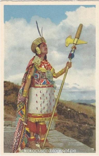 Postcard of Faustino Espinoza Navarro dressed as the Inca for Inti Raymi