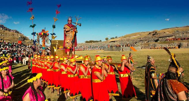 A procession for the performance of Inti Raymi at Sacsayhuaman in Cusco, Peru