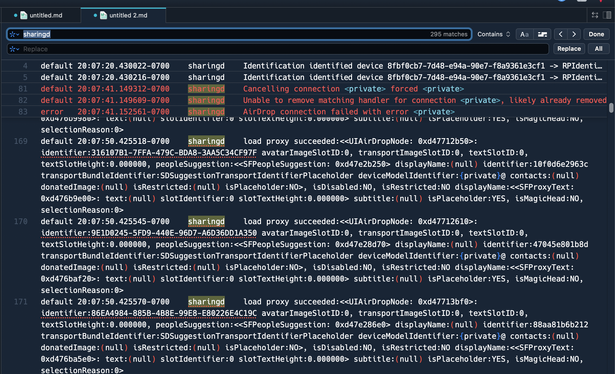 Screenshot of the Nova app with a log file open. 5 lines are pinned to the top.