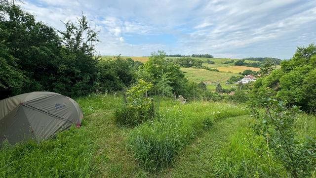 Zelt auf dem Berg auf Blumenwiese und im Hintergrund sieht man Berge