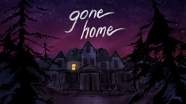 Portada del juego gone home donde se ve un bosque y al fondo una casa grande y un cielo de color púrpura