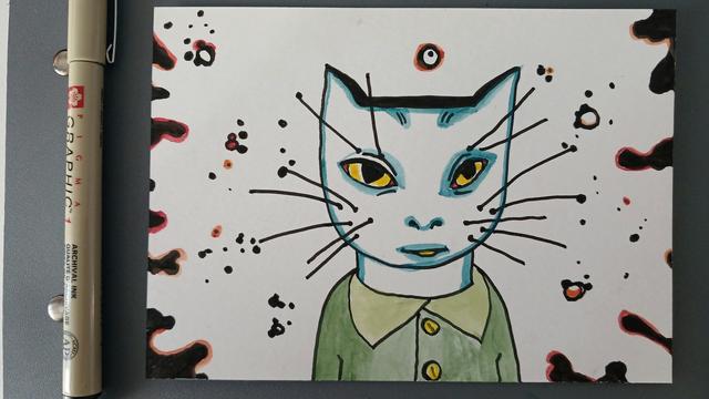 Ink and watercolour drawing of a cartoonish person with a cat's head. They're surrounded by little black and red blobs that float around them. They look as if they're planning mischief.