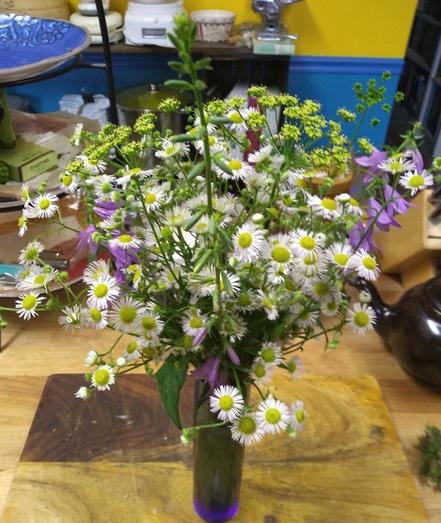 An arrangement of white daisy fleabane flowers with purple creeping bellflower and a few sprigs of yellow parsley flower sits in a blue glass vase on a cutting board.