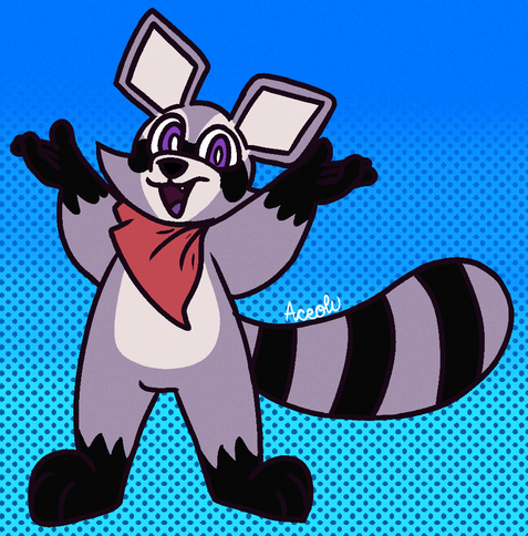 Full-body drawing of Rambley The Raccoon with his arms in the air as if he's celebrating or excited